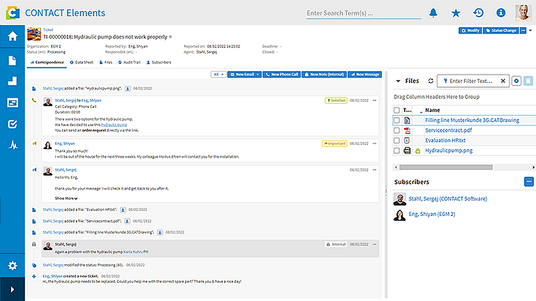 Ticket view with chat history in CONTACT Elements