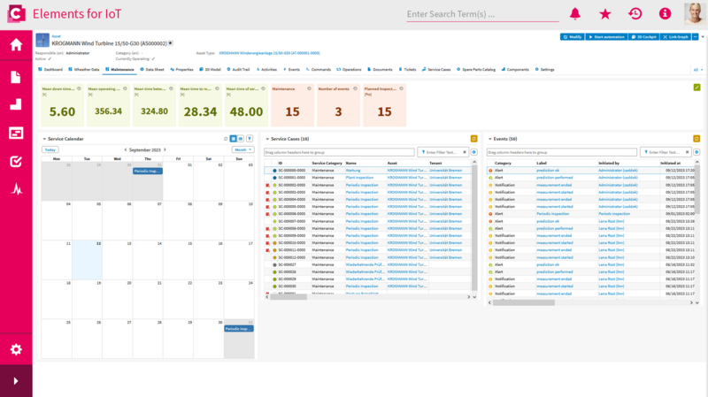 Instandhaltungs-Dashboard von CONTACT Elements for IOT mit Wartungskalender und Details zu Servicefällen und Ereignissen