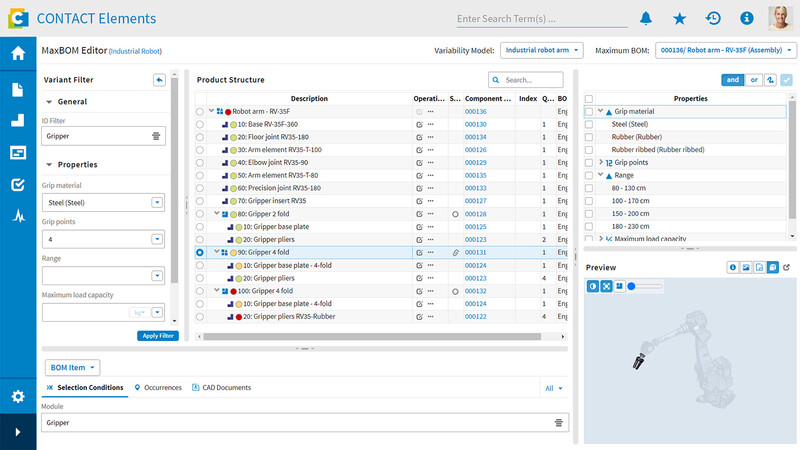 A screenshot of variant management in CONTACT Elements.
