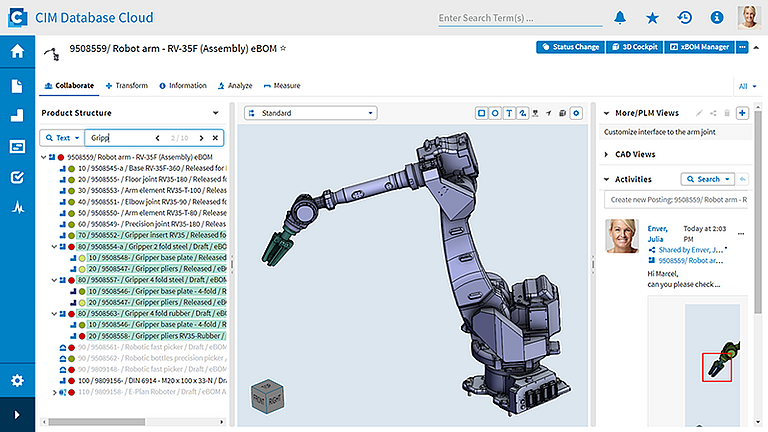Benutzeroberfläche der 3D Collaboration im PLM-System CIM Database Cloud