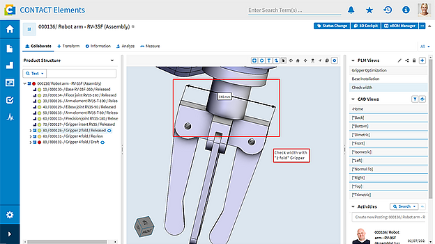 3D-Modell eines Roboterteils mit Redlining-Anmerkungen in CONTACT Elements