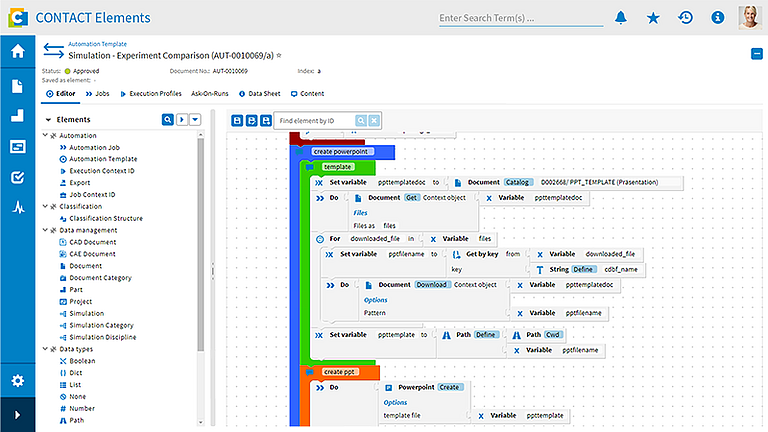 Benutzeroberfläche der Prozessautomatisierung im Baustein CONTACT Elements Simulation Management