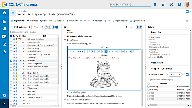 Benutzeroberfläche zur Spezifikationen Erfassung vom Contact Elements Baustein Requirements Engineering