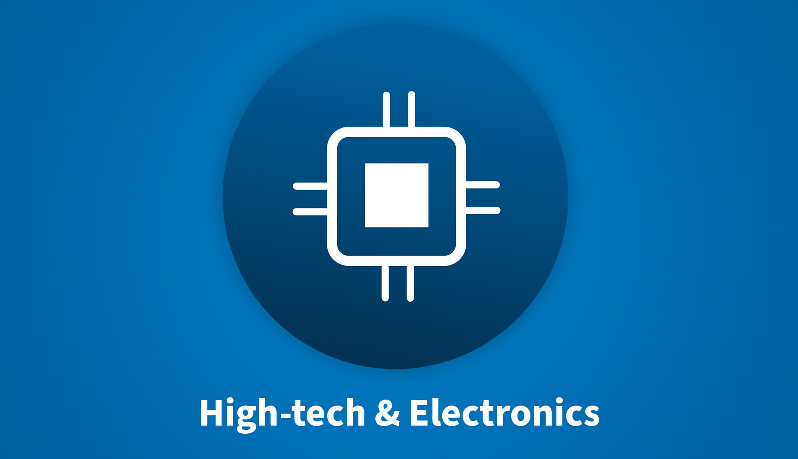 Blue background, blue circle, text, circuit board icon