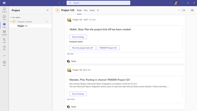 Screenshot of a Microsoft Teams channel with integrated Activity Stream