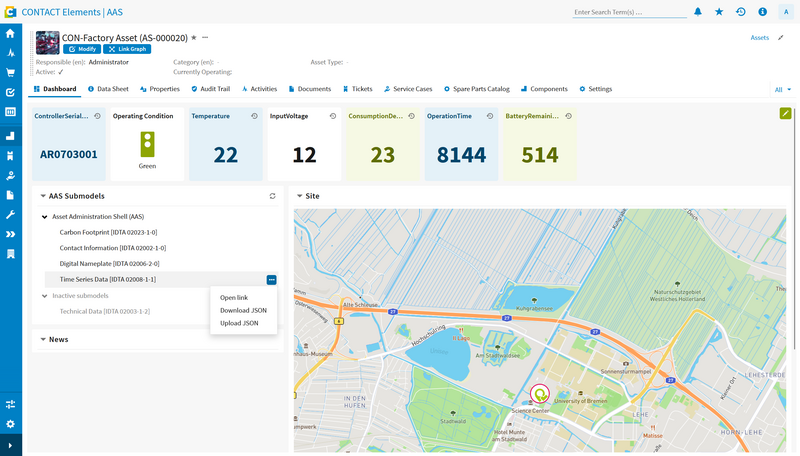 Screenshot of a CONTACT Elements for IoT dashboard with a streamlined overview of all available AAS submodels. 