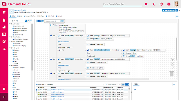 Benutzeroberfläche in CONTACT Elements zeigt ein Automatisierungs-Template für Vorhersageanalysen von Windkraftanlagen