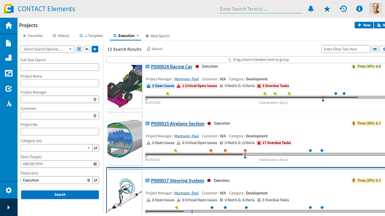Search form for filtering and searching for projects in CONTACT Elements