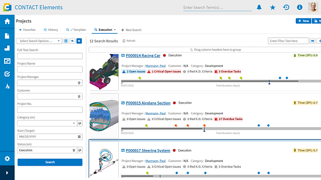 Search form for filtering and searching for projects in CONTACT Elements
