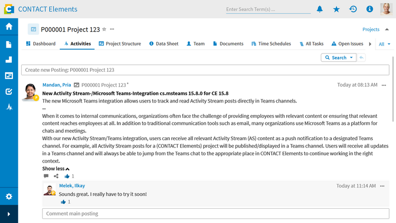 Screenshot of CONTACT Activities, which shows the internal communication in a project.
