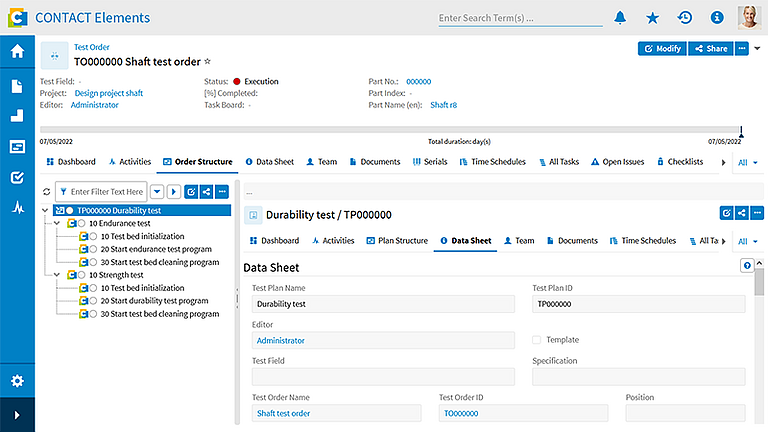 Benutzeroberfläche von CONTACT Elements Test Management & Ramp-up
