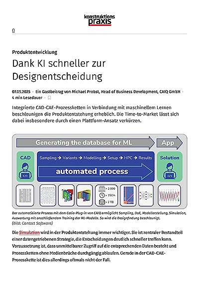 Ein Screenshot der ersten Seite des Fachartikels „Dank KI schneller zur Designentscheidung“.