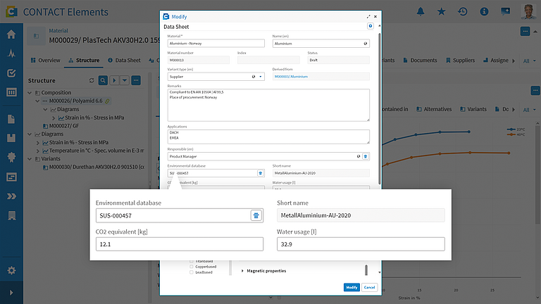 Screenshot: Materialdatenmanagement in CONTACT Elements.