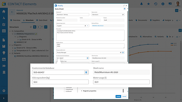 Screenshot: Materialdatenmanagement in CONTACT Elements.