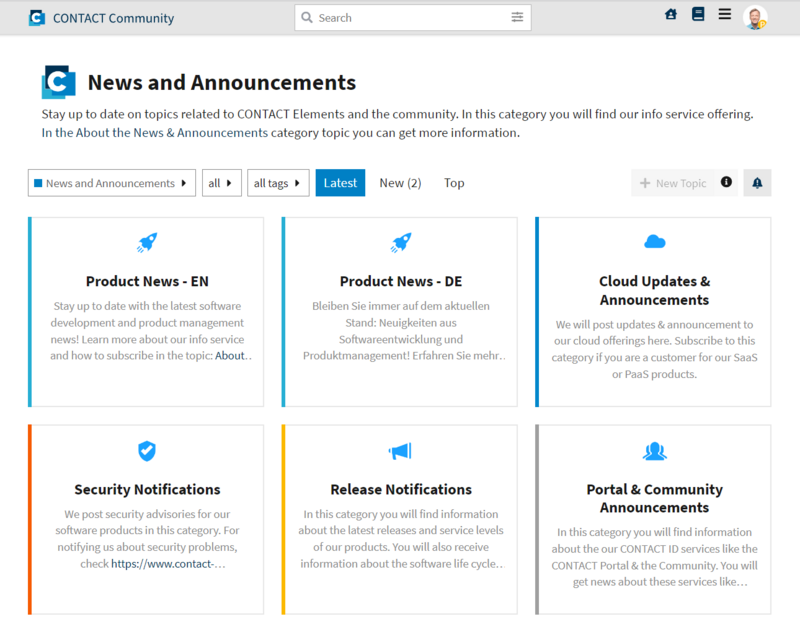 Screenshot von der Kategorie News und Announcements, der as komplette Informationsangebot für die Mitglieder der CONTACT Community zeigt.