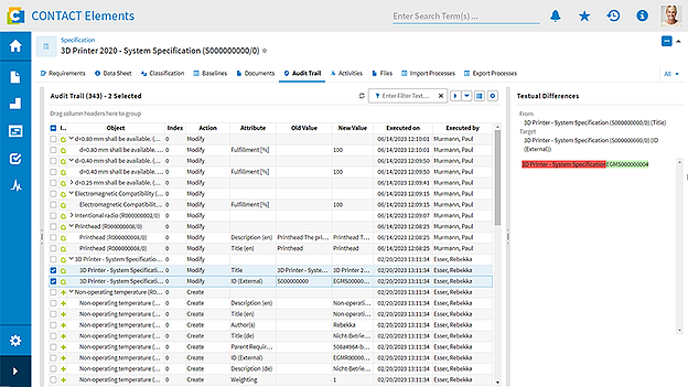 Benutzeroberfläche von CONTACT Elements Audit Trail & Change Records
