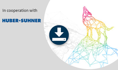 Text, Download Icon, Logo Huber + Suhner, stilisierter Wolf