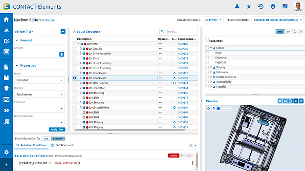 Screenshot: Variantenmanagement in CONTACT Elements.