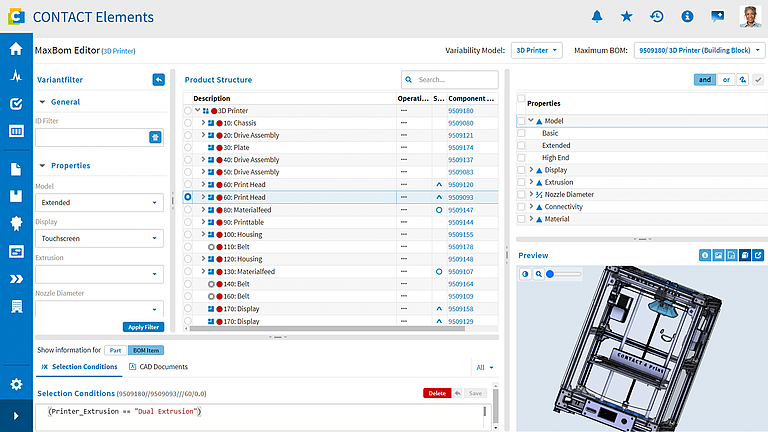 Screenshot: Variantenmanagement in CONTACT Elements.