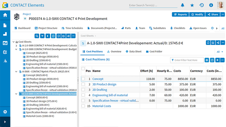 Kostenübersicht in CONTACT Elements Project Costing