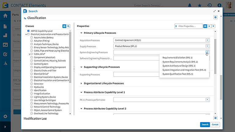 Search form for classifications in CONTACT Elements with search and filter functions