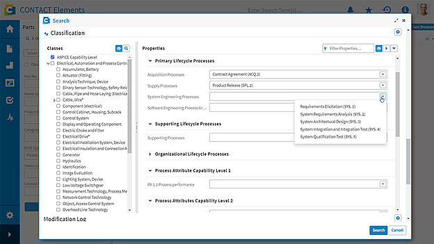Search form for classifications in CONTACT Elements with search and filter functions
