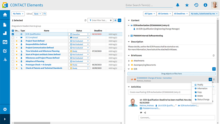 Task Manager Benutzeroberfläche des CONTACT Element Bausteins Process Management