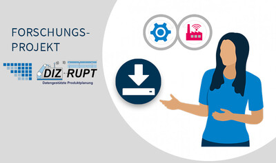 Icon Download, Frau, Icon Digitale Fabrik, Zahnrad, Text, Logo DIZRUPT