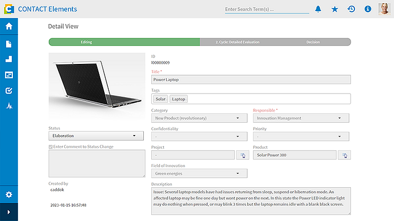 Detailansicht für ein Produkt mit dem Titel Power Laptop inklusive Produktbild, Metadaten-Feldern und Statusleiste im Zustand Editing