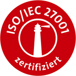 A red seal with a lighthouse in the middle and the inscription “ISO/IEC 27001 certified”.