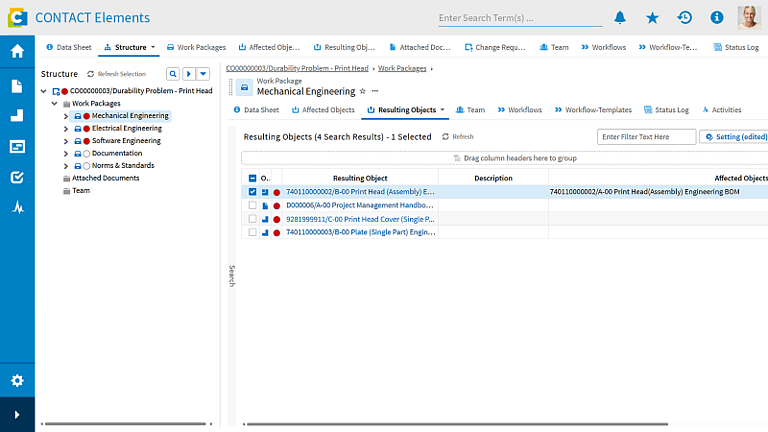 Benutzeroberfläche für das Engineering Change Management in CONTACT Elements