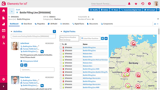 Dashboard in CONTACT Elements zur Überwachung einer Flaschenabfüllanlage mit Aktivitäten-Feed, Liste der digitalen Zwillinge und geografischer Statuskarte für Deutschland