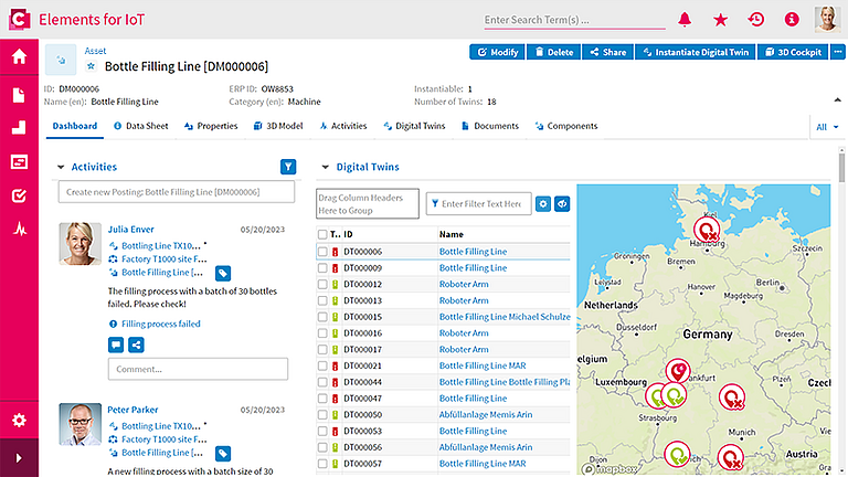 Dashboard in CONTACT Elements zur Überwachung einer Flaschenabfüllanlage mit Aktivitäten-Feed, Liste der digitalen Zwillinge und geografischer Statuskarte für Deutschland