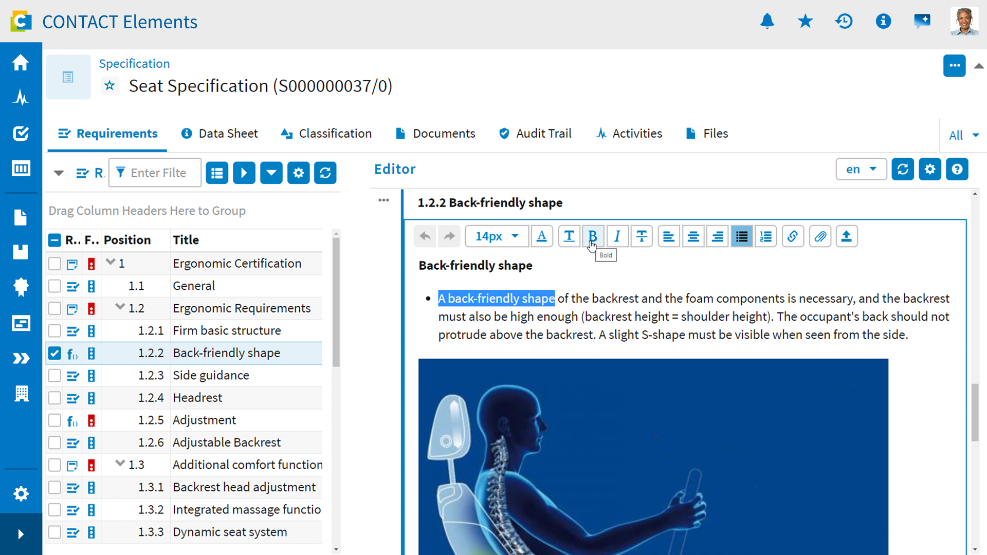 Screenshot: Requirements management in CONTACT Elements.