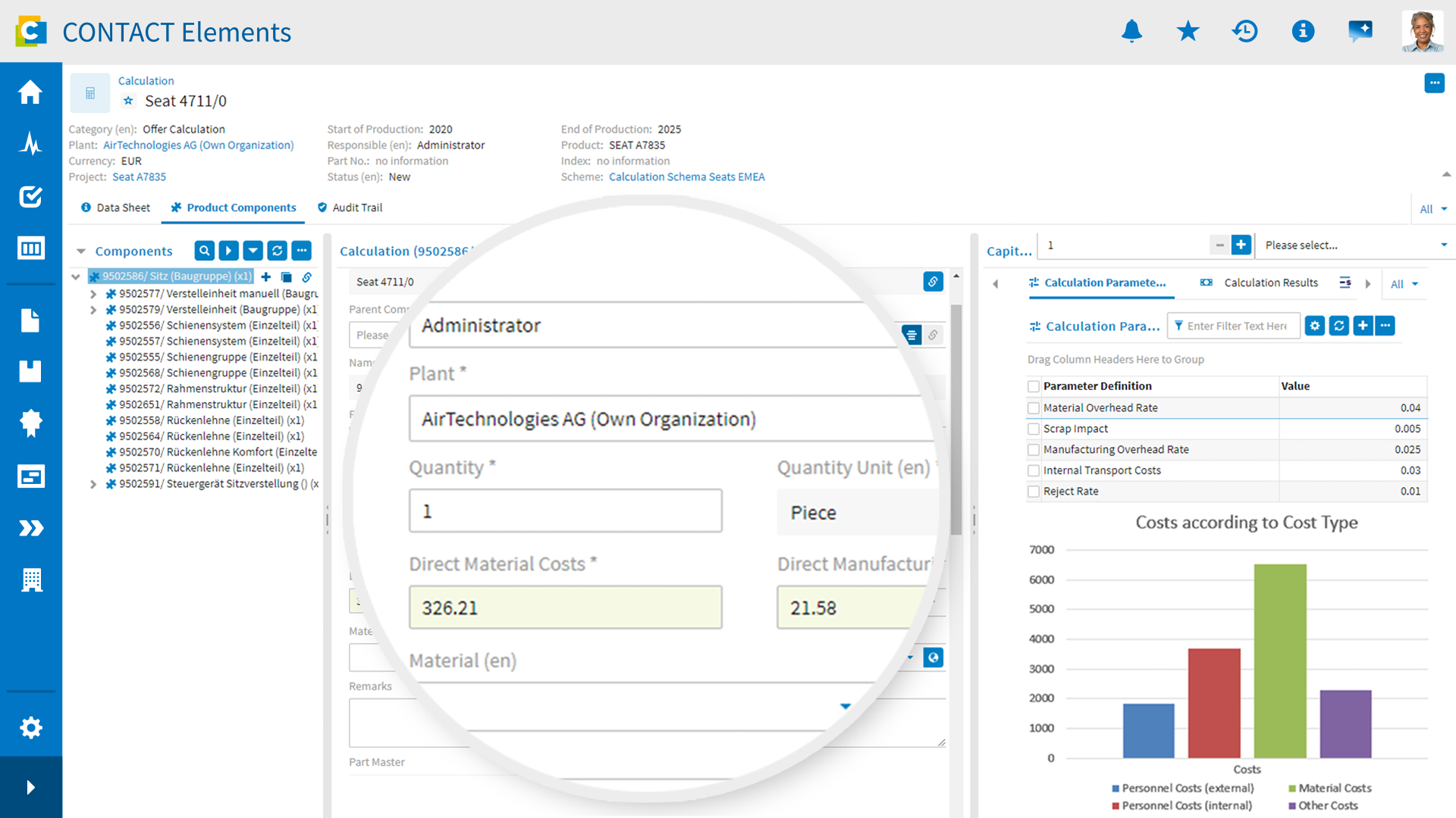 Screenshot: Product costing in CONTACT Elements.