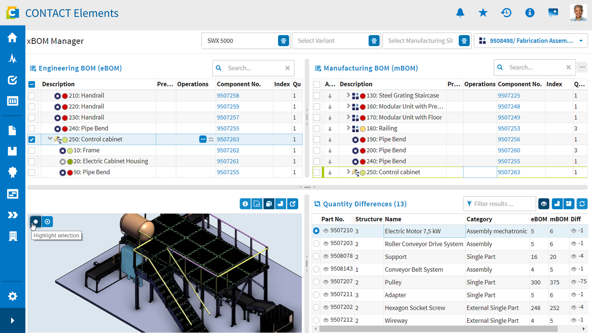 Screenshot: xBOM manager in CONTACT Elements.