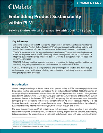 The first page of the CIMdata Commentary on CONTACT Software's sustainability offering.