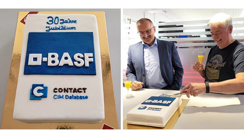 Links eine Torte mit blauem Dekor zum 30-jährigen Jubiläum. Rechts zwei Männer, die sie anschneiden.