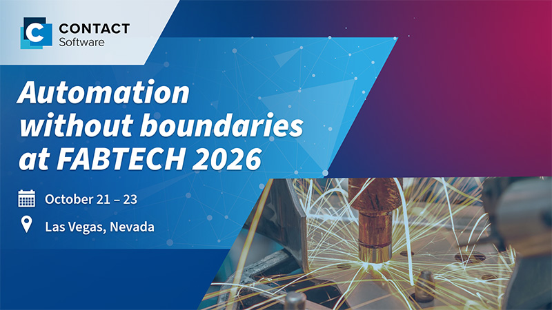Ein Bild mit der Aufschrift "Automation without boundaries at FABTECH 2026" und dem Bild eines Schweißroboters.