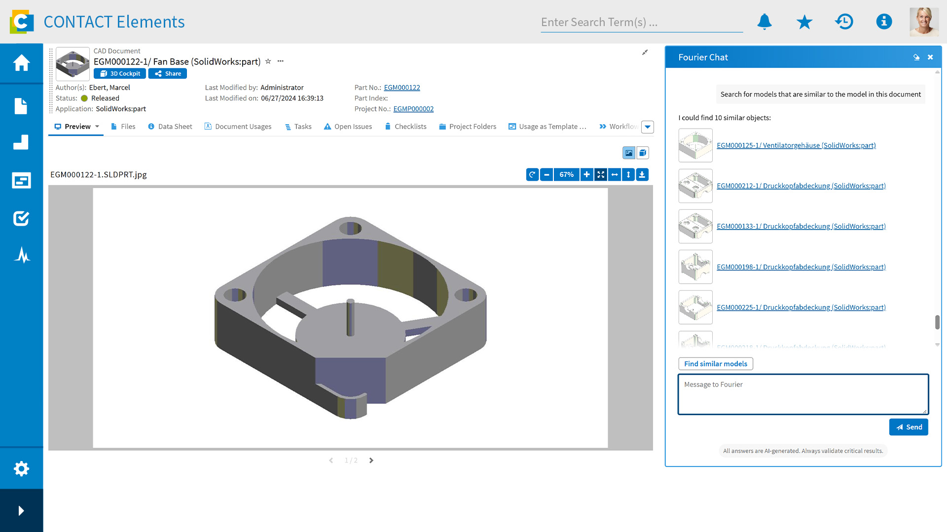 Ein Screenshot der 3D-Ähnlichkeitssuche mit Fourier AI in CONTACT Elements.