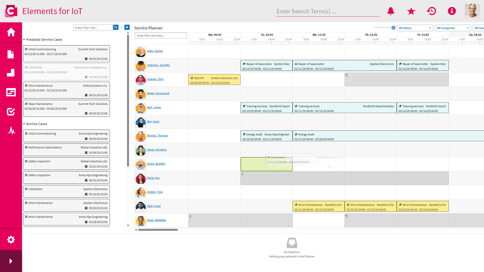 Ein Screenshot der Personal-Einsatzplanung im Service Planner von CONTACT Elements.