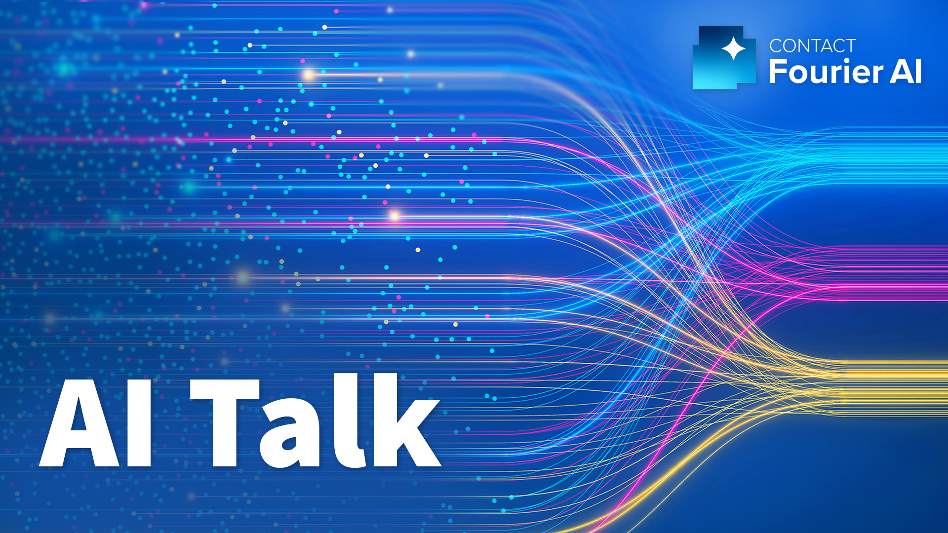 Blue area, glowing dots, coloured lines, text, logo, play button