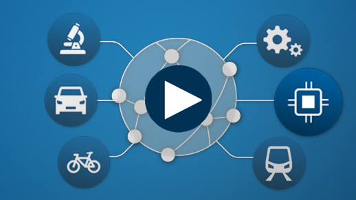 Blue area, car icon, bicycle icon, microscope icon, gear icon, circuit board icon, train icon, arrow icon, globe