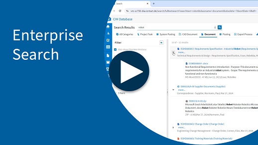 Screenshot von einer Enterprise Search Suche, Pfeil Icon, Text, Blaue Fläche