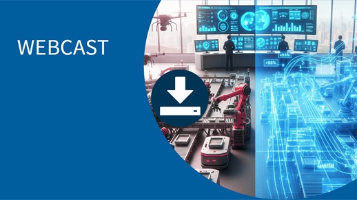 Produktionshalle, Blaues Feld, Text, Download Icon